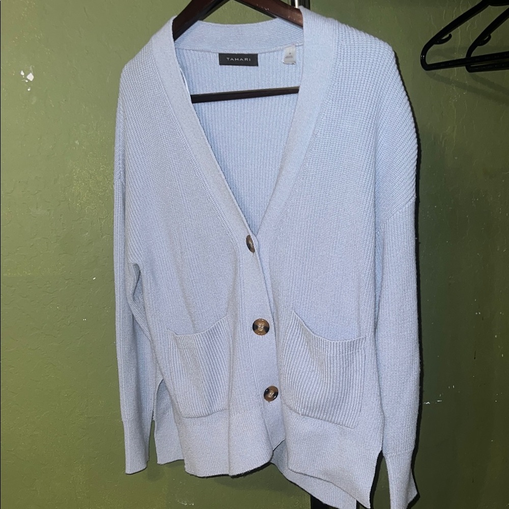 Tahari Sky Blue Button-Up Cardigan